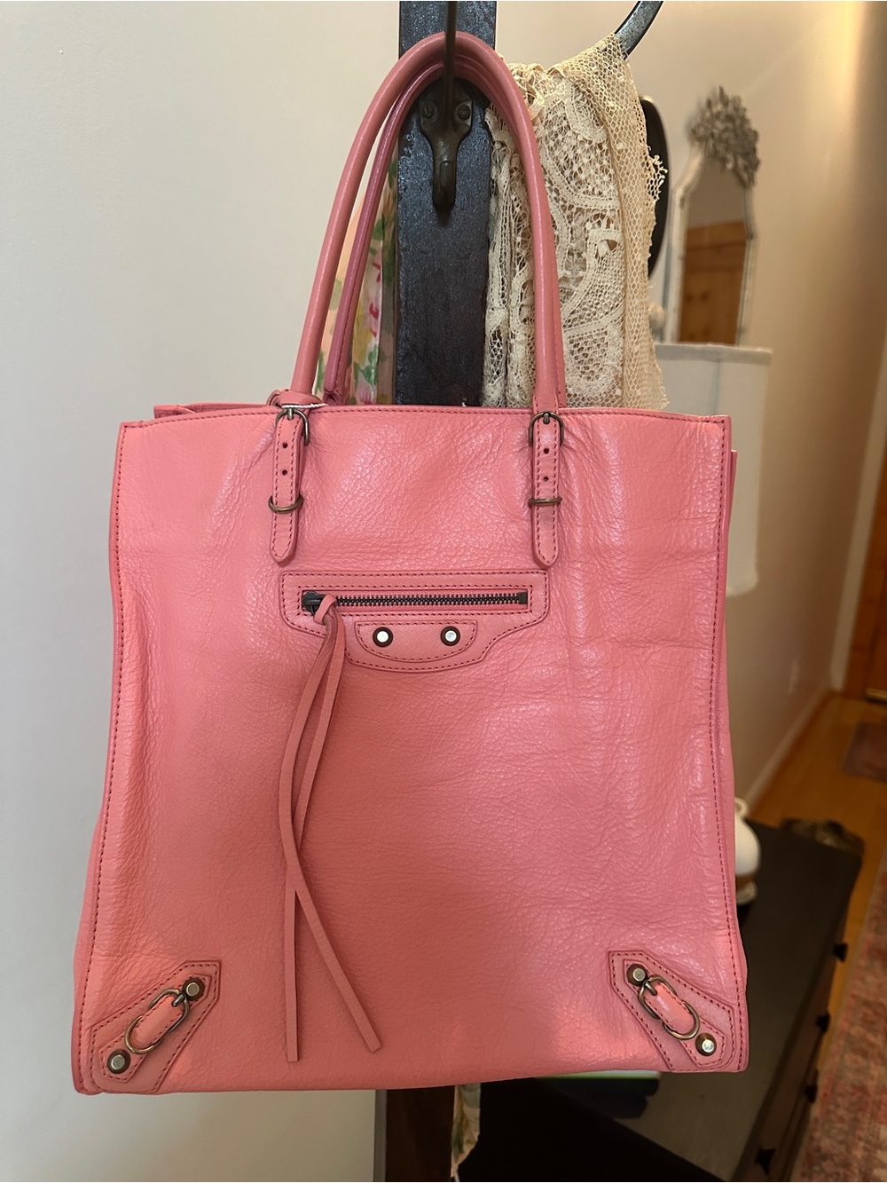 Balenciaga Pink Leather Tote with Front Zip and Tassel